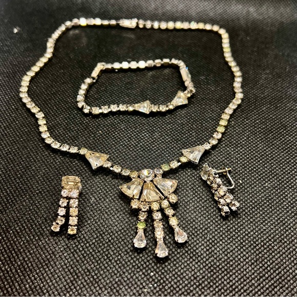 Vtg Kramer Clear Rhinestone Necklace Bracelet Earring Jewelry Set Wedding Party